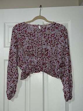 Altar'd State Purple Floral Smocked Hem Long Sleeve Cropped Blouse